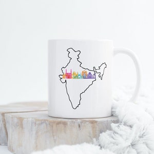 Indien Karte Umriss Tasse mit wenigen Top Sehenswürdigkeiten, Goldener Tempel, Taj Mahal, Rotes Fort, India Gate, Geschenkideen