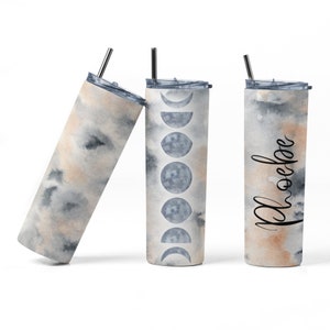 Watercolor moon phase tumbler, Moon tumbler, Moon phase skinny tumbler, Hot and cold drink tumbler