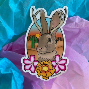 Jackalope MATTE Sticker, cryptid stickers, creepy sticker, rabbit sticker, tattoo art, spooky sticker, creature art, cute sticker
