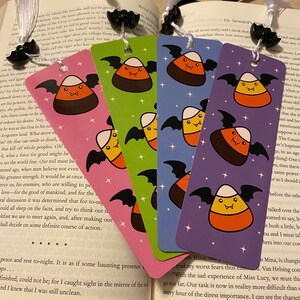 Candy Corn Bookmark with Bat Charm, goth bookmark, cute bookmarks, pastel goth, pastel goth bookmark, gift for reader