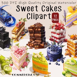 Pacchetto di clipart di torte dolci ad acquerello PNG / 12 illustrazioni di dessert disegnate a mano / Arte digitale di pasticceria ad acquerello per scrapbooking e artigianato