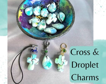 Droplet and Cross Charms for Bracelets, Progress Keepers, Stitch Markers - Hanging Blue and Green Handmade Polymer Clay Charms