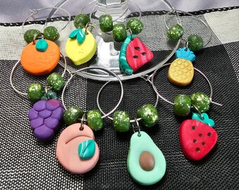 Fruit Wine Glass Charms - Polymer Clay Drink Charms - Miniature Fruit - Lemon Avocado Grape Peach Watermelon Pineapple Orange Strawberry