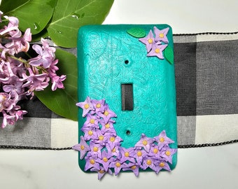 Floral Light Switch Cover - Lilac design - Handmade polymer clay light switch plate with textured green background and small purple flowers