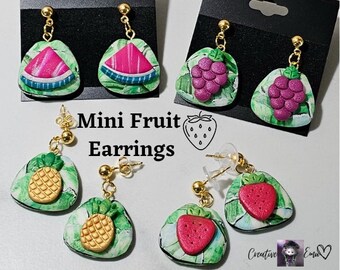 Mini Fruit Stud Dangle Earrings with Gold Ball Posts - Handmade Polymer Clay - Watermelon Strawberry Grape Pineapple - Fruity Summer Jewelry