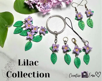 Lilac Charms - Handmade Polymer Clay dangling charms shaped like tiny lilac blossoms with leaf - stitch marker, progress keeper, keychain