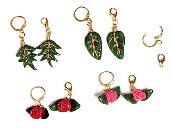 Set of 2 Rose or Leaf Charms, Progress Keepers, Stitch Markers - Handmade Polymer Clay Floral Charms