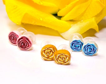 Rose Stud Earrings, Handmade Polymer Clay Stud Earrings with red rose, yellow rose, blue rose design, Floral post earrings