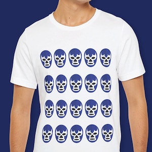 Blue Demon Luchador Mask T-Shirt - Mexican Wrestling Tee, Grid Pattern Design