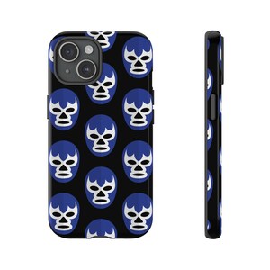 May include: A black phone case with a repeating pattern of blue and white luchador masks. The case is designed for an iPhone.