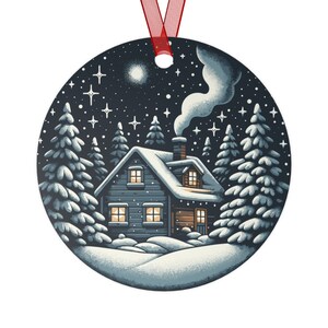 Snowy Cabin Christmas Ornament, Peaceful Winter Scene, Holiday Tree Decor, Hand-Painted, Starry Night