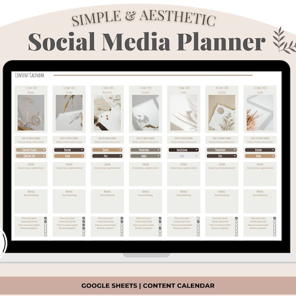 Social Media Content Calendar, Social Media Content Planner Template Google Sheets Spreadsheet, Editable Social Media Manager Template