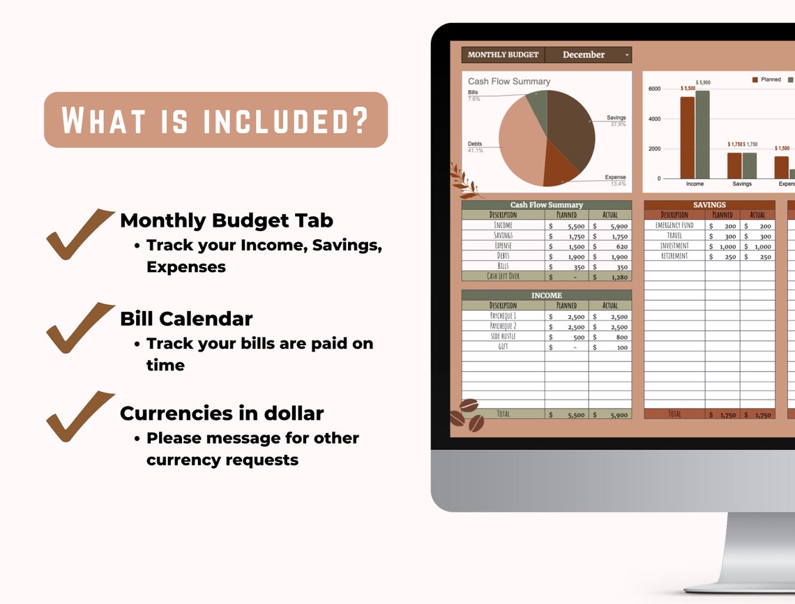 Monthly Budget Spreadsheet Google Sheets Budget Template Etsy