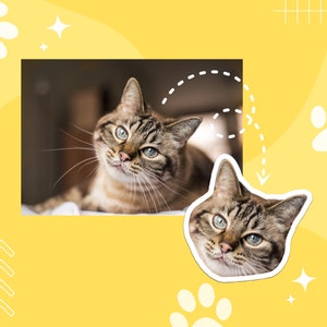 May include: A close-up of a tabby cat's face with green eyes. The cat is looking directly at the camera. The background is a blurred image of a cat.