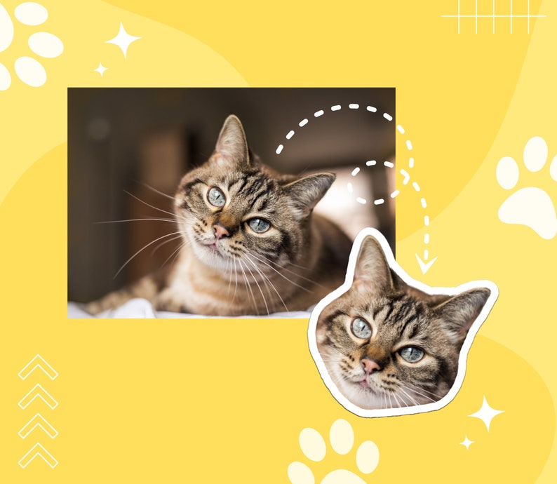 May include: A close-up of a tabby cat's face with green eyes. The cat is looking directly at the camera. The background is a blurred image of a cat.