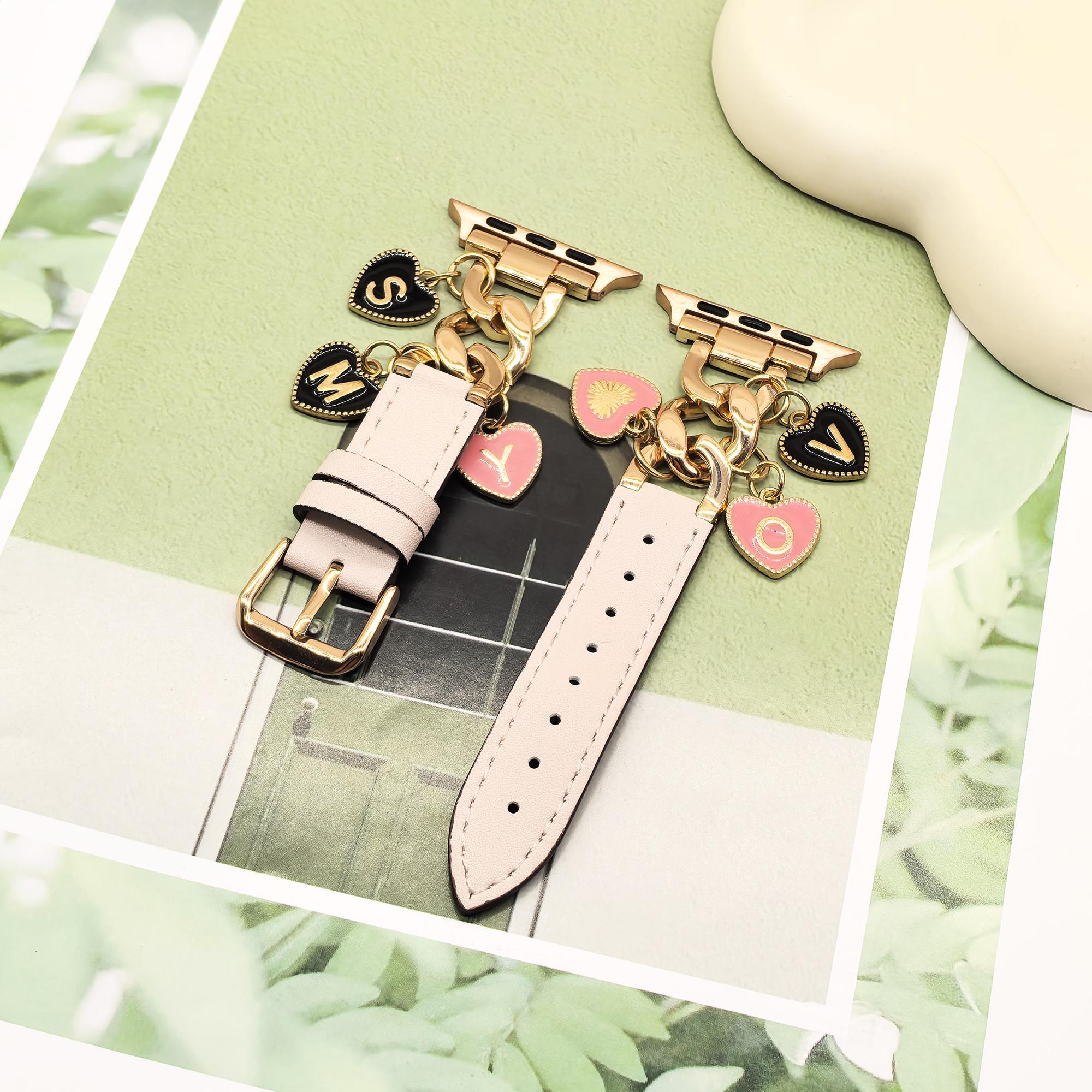 NEW Slim Leather Apple Watch Band with Charms Letter Charm Apple Watch Band: Slim Metal & Leather Iwatch  main image 3