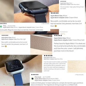 May include: A black Apple Watch with a dark blue band is displayed on a wrist. The watch face shows the time and weather. The band appears to be made of leather or a similar material. The watch is a modern accessory.