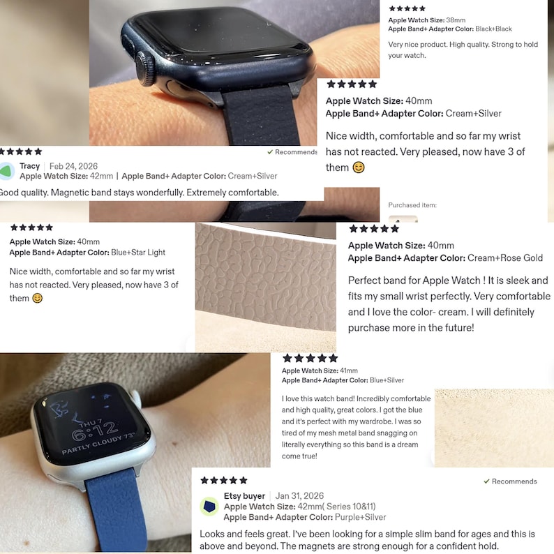 May include: A black Apple Watch with a dark blue band is displayed on a wrist. The watch face shows the time and weather. The band appears to be made of leather or a similar material. The watch is a modern accessory.