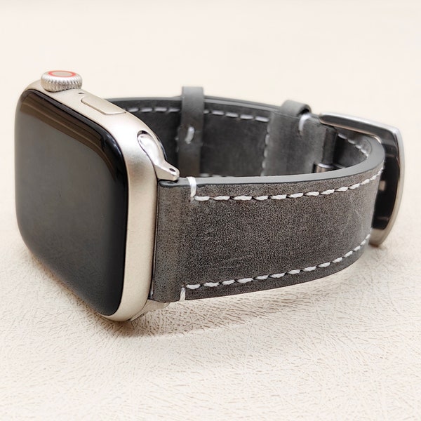 Apple-Watch-Armband aus Leder, Apple-Watch-Armband grau, mit Geschenkbox aus Holz, 38 mm, 40 mm, 41 mm, 42 mm, 44 mm, 45 mm, 49 mm – iWatch-Serie 9, 8, 7, 6, 5, 4, 3, 2, 1 ULTRA