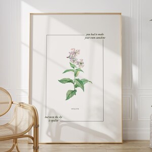May include: A framed botanical print featuring a watercolor illustration of a flowering plant with green leaves and delicate pink and white blossoms. The print includes the text "you had to make your own sunshine" and "but now the sky is opalite."
