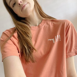 Peut inclure: Un t-shirt de couleur corail avec un contour blanc de l'&eacute;tat de Floride et trois points d'exclamation.