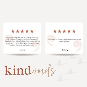 May include: Two white cards with customer reviews and star ratings. One card has four stars and a review by Audrey. The other card has five stars and a review by Kimberly. The word "kindwords" is written in a cursive font.