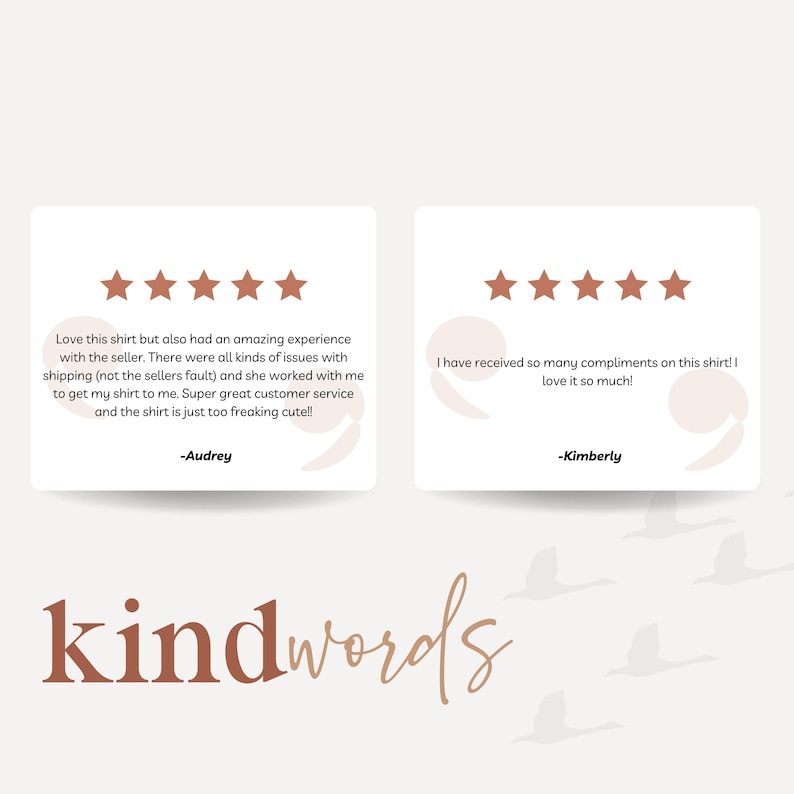 May include: Two white cards with customer reviews and star ratings. One card has four stars and a review by Audrey. The other card has five stars and a review by Kimberly. The word "kindwords" is written in a cursive font.
