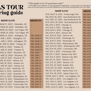 May include: A guide for ordering tickets to the Eras Tour, a concert tour by Taylor Swift. The guide lists the show dates and locations, along with the order by dates. The tour starts in Glendale, Arizona on March 17, 2023 and ends in Los Angeles, California on August 9, 2023.