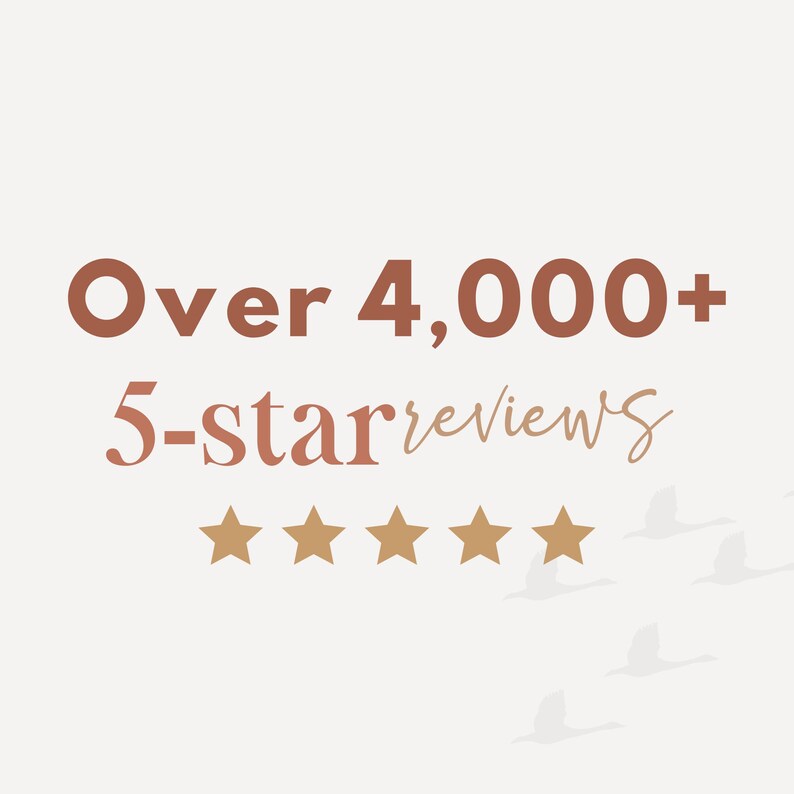 May include: A graphic design featuring the text Over 4,000+ 5-star reviews in a combination of bold brown block lettering and cursive script, positioned above five solid gold-colored stars, with faint silhouettes of birds flying in the background.