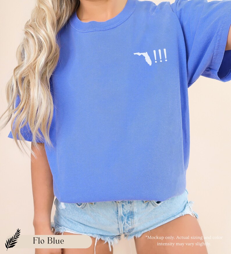Peut inclure: Un t-shirt bleu clair avec un contour blanc de l'&eacute;tat de Floride et trois points d'exclamation. Le texte "Flo Blue" est visible en bas de l'image.