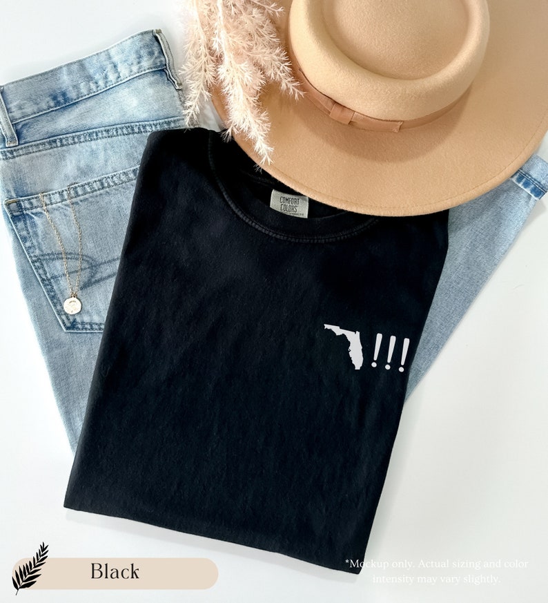 Peut inclure: T-shirt noir avec un contour blanc de l'&eacute;tat de Floride et trois points d'exclamation. Le texte "COMFORT COLORS" est visible sur l'&eacute;tiquette du t-shirt.