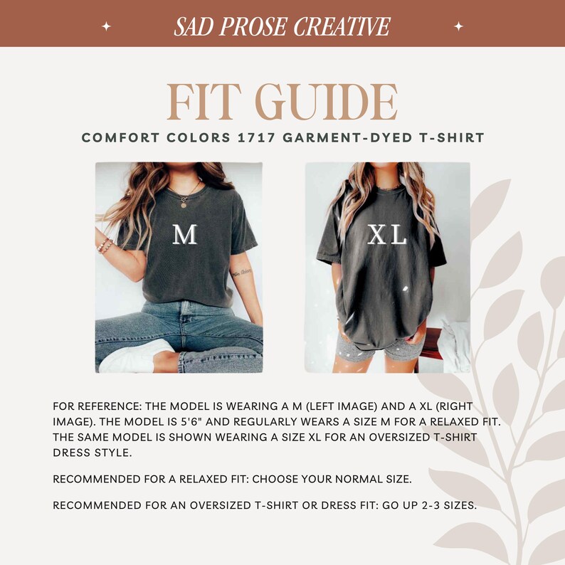 May include: Fit guide for a garment-dyed t-shirt. The model is wearing a size M and a size XL. The t-shirt is available in a variety of colors.  "Comfort Colors 1717 Garment-Dyed T-Shirt"