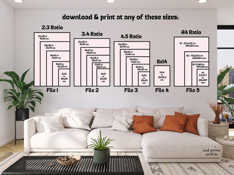 May include: A white couch with orange throw pillows sits in front of a wall with a white background. The wall has a chart with different sizes of printable art in inches and centimeters. The chart is labeled with the ratios 2:3, 3:4, 4:5, 11x14, and A4. The text "download & print at any of these sizes" is at the top of the chart.