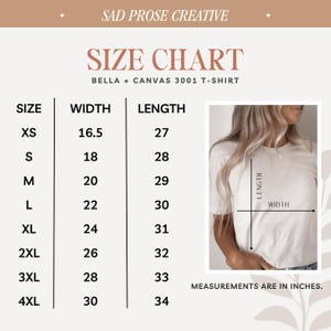Op de afbeelding: Maattabel voor het Bella + Canvas 3001 T-shirt, met de breedte- en lengtemaat in inches voor maten XS tot 4XL.