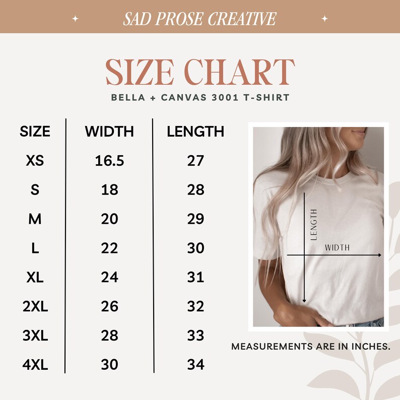 Op de afbeelding: Maattabel voor het Bella + Canvas 3001 T-shirt, met de breedte- en lengtemaat in inches voor maten XS tot 4XL.