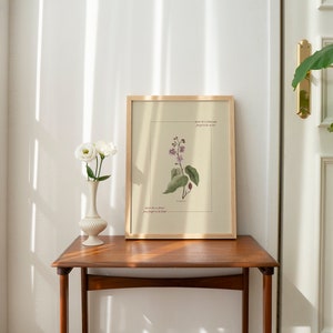 May include: A framed botanical illustration of a pink flower with green leaves. The frame is made of wood and has a light brown finish. The illustration is on a cream-colored background. The text on the illustration reads "Where do we find that old magic? In the details."