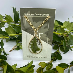 Handmade resin necklace pressed fern leaf pendant, one of a kind jewelry, green botanical on a gold chain plant lover gift