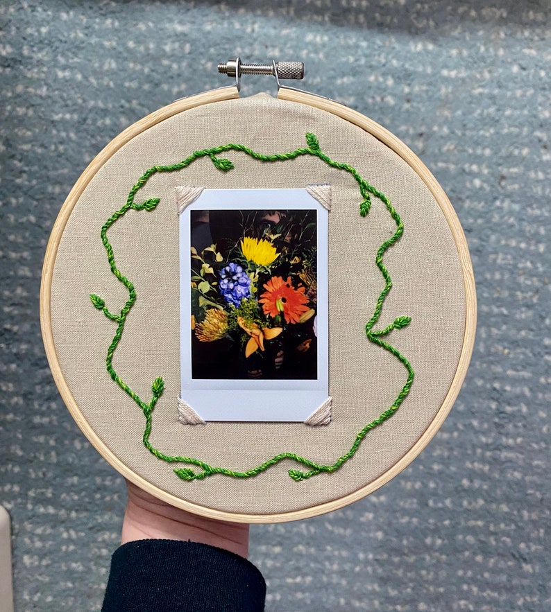 Personalized Polaroid Photo Frame With Hand Stitched Embroidery. Vine