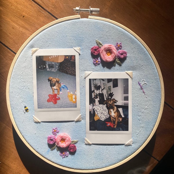 Personalized double Polaroid frame hand stitched embroidery peony Floral Pattern Custom print Two photo display multicolor Flower frame