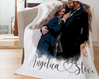 Personalized Photo Blanket with Drawing, Custom Portrait Blanket, Watercolor Drawing, Anniversary, Couple Gift, Fleece/Sherpa/Minky