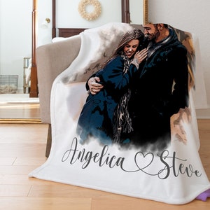 Personalized Photo Blanket with Drawing, Custom Portrait Blanket, Watercolor Drawing, Anniversary, Couple Gift, Fleece/Sherpa/Minky