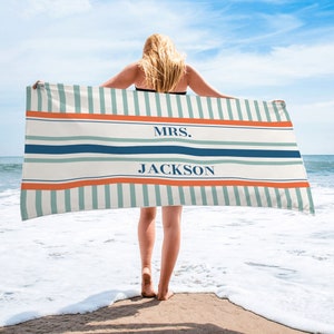 Custom Striped Name Beach Towel, Personalized Name Bath Towel Pool Towel, Bride Beach Towel, Anniversary / Birthday Beach Towel