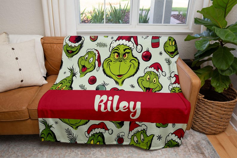 Custom Name Grinch Blanket, Cartoon Blanket for Boy and Girl, Green