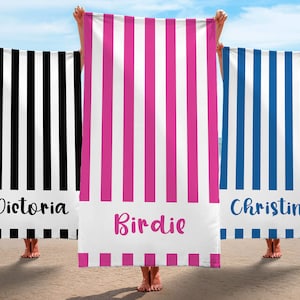 Striped Custom Name Beach Towel, Personalized Beach Towel, Bride Bridesmaid Bachelorette, Anniversary Birthday Gift, Mom Mothers Day Gift