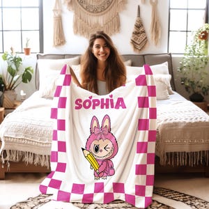 Labubu Back to School Personalized Blanket, Custom Name Throw Blanket, Cute Kids Blanket, School Nap Blanket, Travel Blanket, Labubu Gift