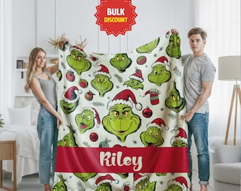 Custom Name Greench Blanket, Cartoon Blanket For Boy and Girl, Green Christmas Tree Inflated Blanket, Personalized Funny Throw Blanket Xmas