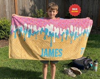 Ships Next Day Personalized Ice Cream Drip Baseball Beach Towel For Boys, Drip Beach Towel, Pool Towel, Team Gift, Youth Baseball Gift