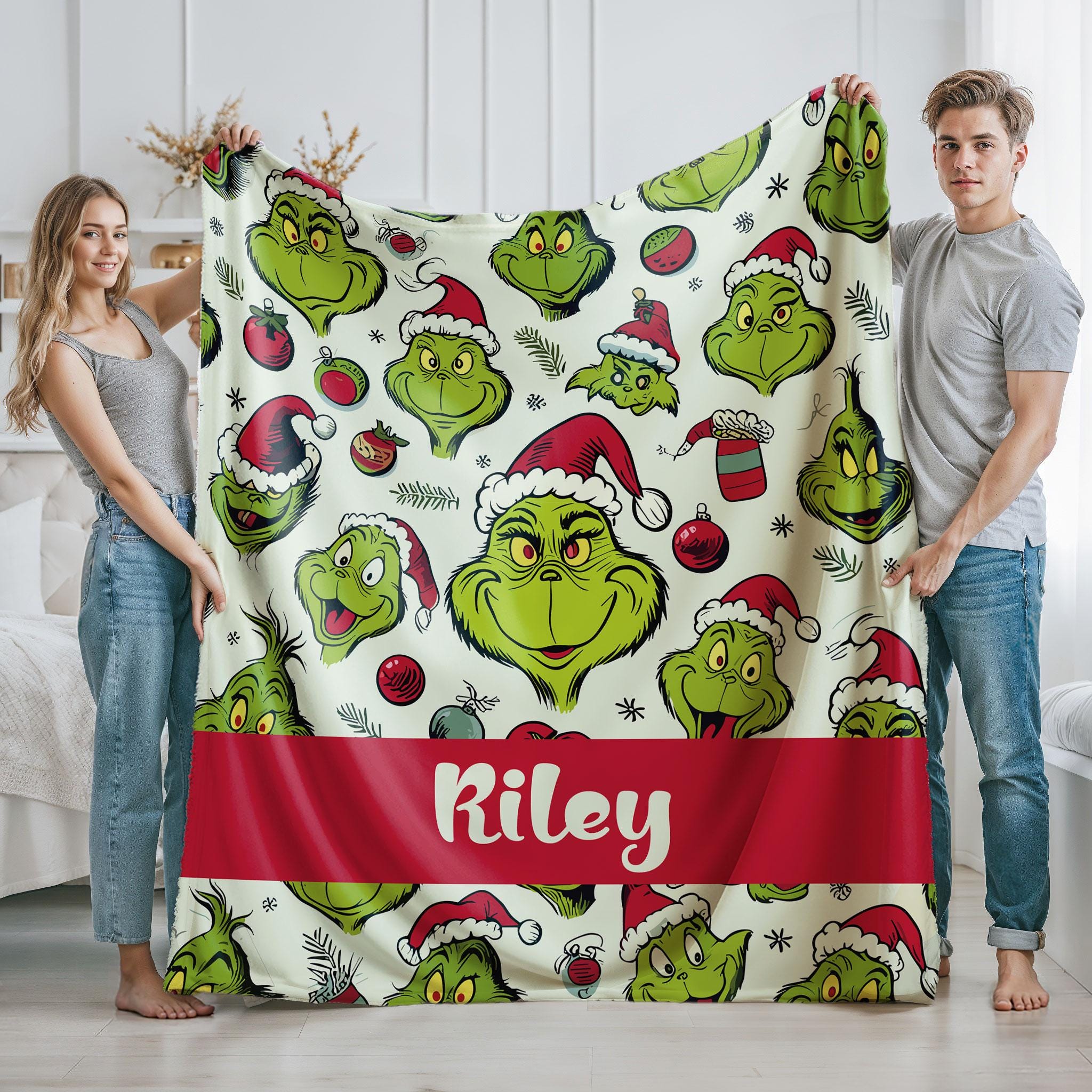 Discover Custom Name funny character Blanket, Cartoon Blanket For Boy and Girl, Green Christmas Tree Inflated Blanket, Personalized Funny Blanket Xmas