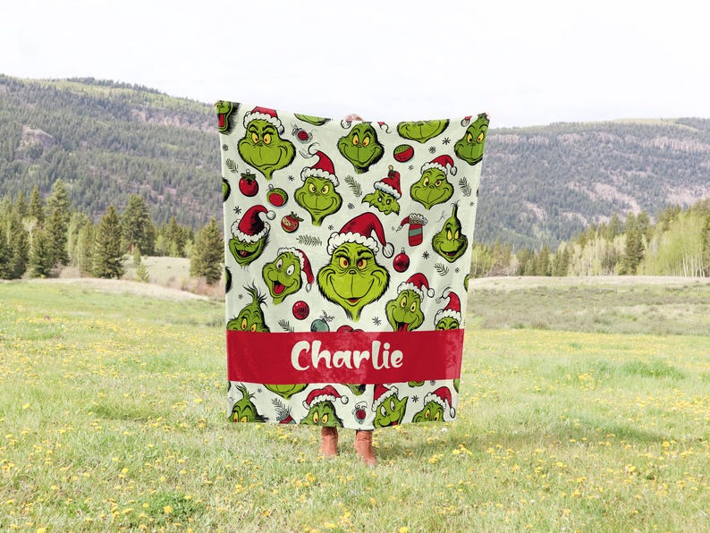 Custom Name Grinch Blanket, Cartoon Blanket for Boy and Girl, Green