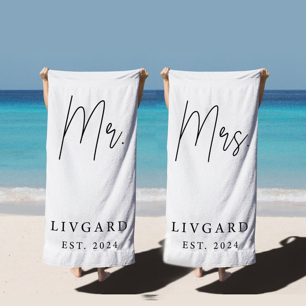 Couple or Single Custom Beach Towel for Mr Mrs, Personalized Beach Towel, Bride Groom Beach Towel, Wedding Honeymoon Vacation Beach Towel